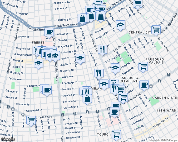 map of restaurants, bars, coffee shops, grocery stores, and more near 2308 Peniston Street in New Orleans