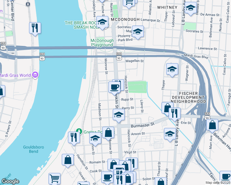 map of restaurants, bars, coffee shops, grocery stores, and more near 528 Monroe Street in Gretna