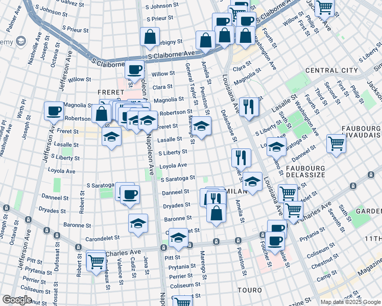 map of restaurants, bars, coffee shops, grocery stores, and more near 2300 General Taylor in New Orleans