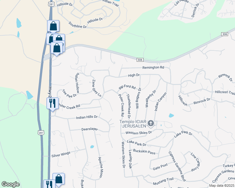 map of restaurants, bars, coffee shops, grocery stores, and more near 198 Puter Creek Road in Spring Branch