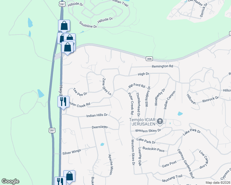 map of restaurants, bars, coffee shops, grocery stores, and more near 2908 Puter Creek Road in Spring Branch