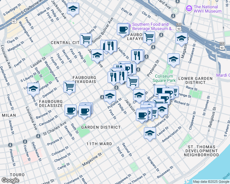 map of restaurants, bars, coffee shops, grocery stores, and more near in New Orleans