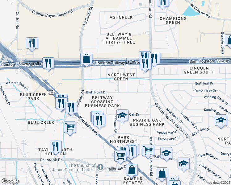 map of restaurants, bars, coffee shops, grocery stores, and more near 7615 Bluff Point Drive in Houston