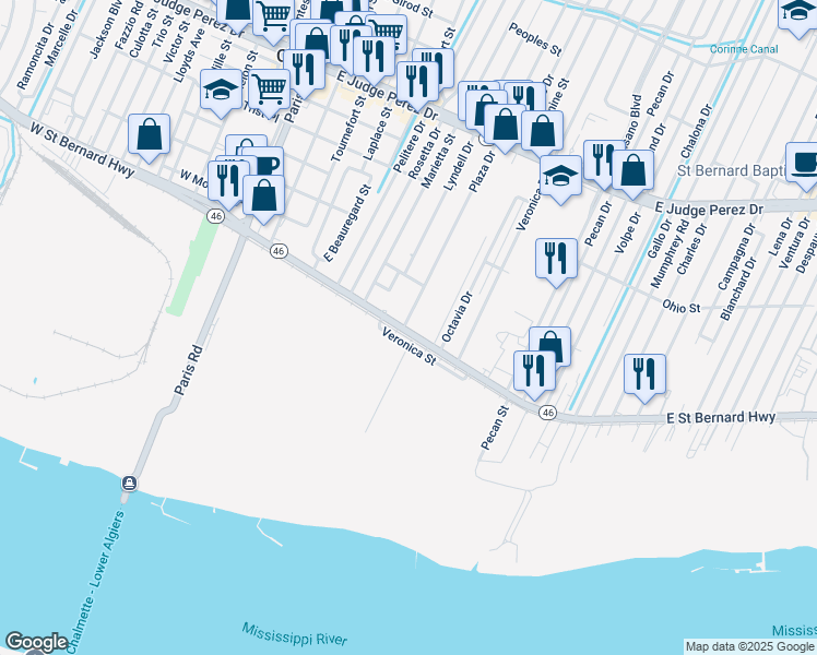 map of restaurants, bars, coffee shops, grocery stores, and more near 2101 Plaza Drive in Chalmette