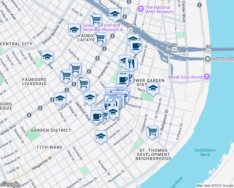 map of restaurants, bars, coffee shops, grocery stores, and more near 1526 Camp Street in New Orleans