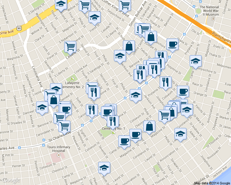 map of restaurants, bars, coffee shops, grocery stores, and more near 1718 First Street in New Orleans