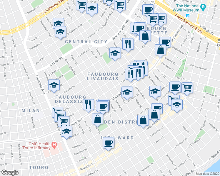 map of restaurants, bars, coffee shops, grocery stores, and more near 1718 First Street in New Orleans