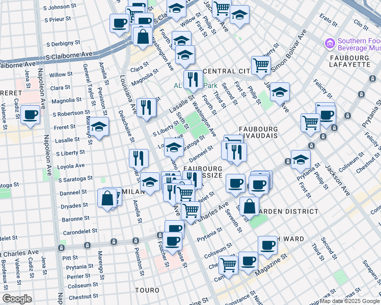 map of restaurants, bars, coffee shops, grocery stores, and more near 2108 Seventh Street in New Orleans