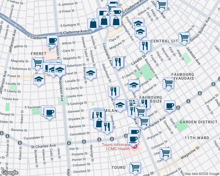 map of restaurants, bars, coffee shops, grocery stores, and more near 2239 Foucher Street in New Orleans