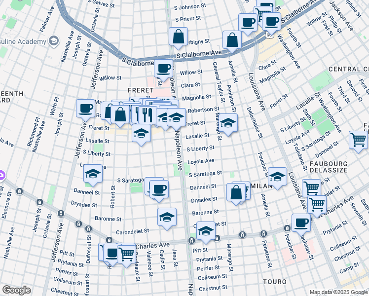 map of restaurants, bars, coffee shops, grocery stores, and more near 4318 Lasalle Street in New Orleans