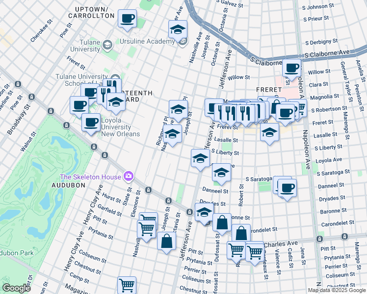 map of restaurants, bars, coffee shops, grocery stores, and more near 2009 Joseph Street in New Orleans