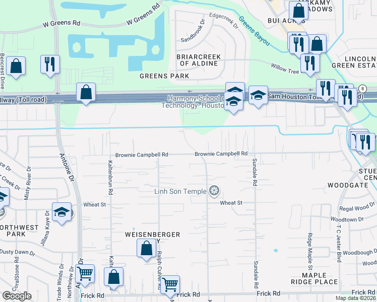 map of restaurants, bars, coffee shops, grocery stores, and more near 13710 Ann Louise Road in Houston