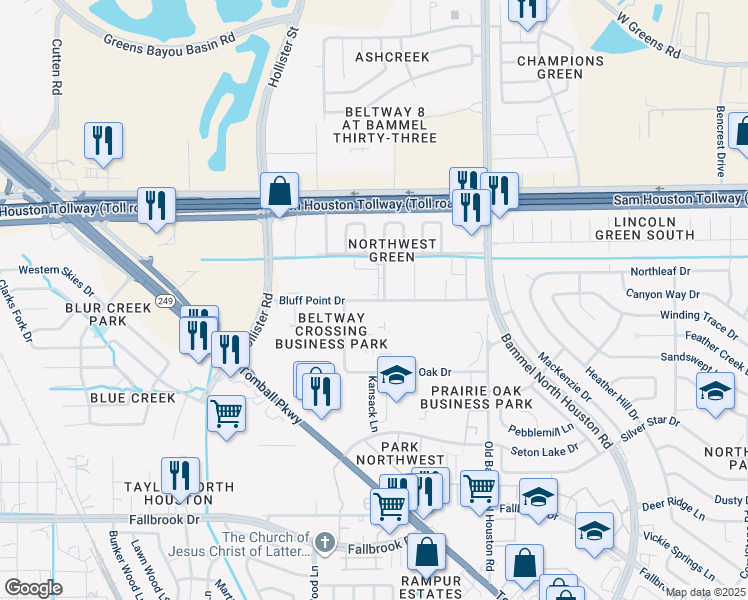 map of restaurants, bars, coffee shops, grocery stores, and more near 7750 Bluff Point Dr in Houston