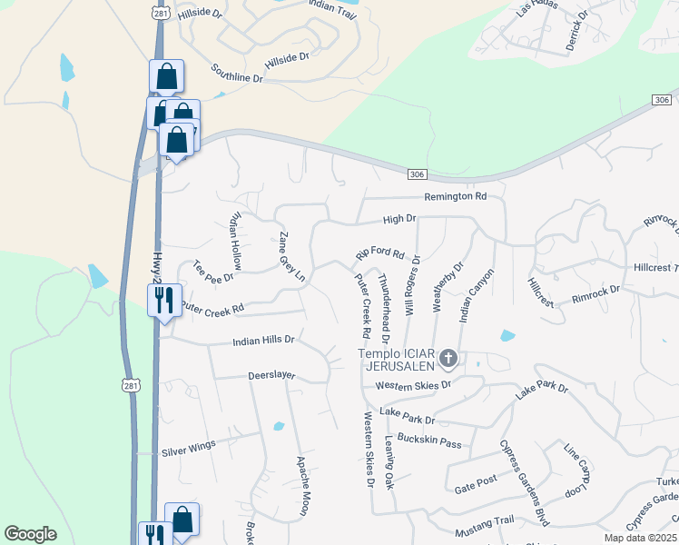 map of restaurants, bars, coffee shops, grocery stores, and more near 198 Puter Creek Road in Spring Branch