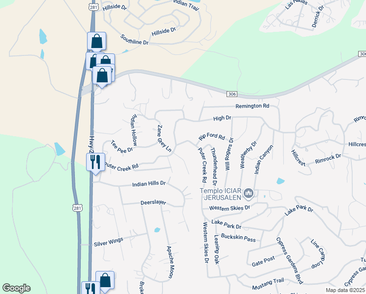 map of restaurants, bars, coffee shops, grocery stores, and more near 156 High Drive in Spring Branch