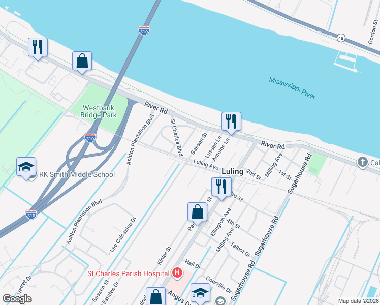 map of restaurants, bars, coffee shops, grocery stores, and more near 217 Bradwall Street in Luling