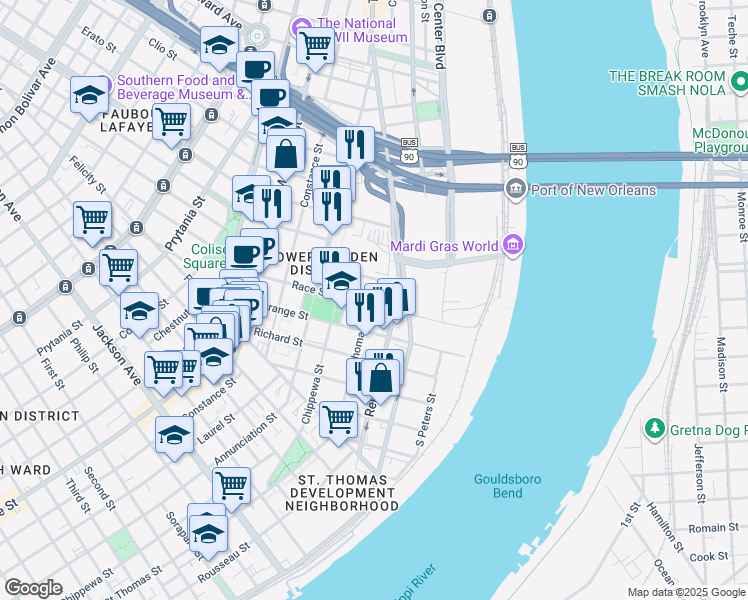 map of restaurants, bars, coffee shops, grocery stores, and more near 605 Race Street in New Orleans