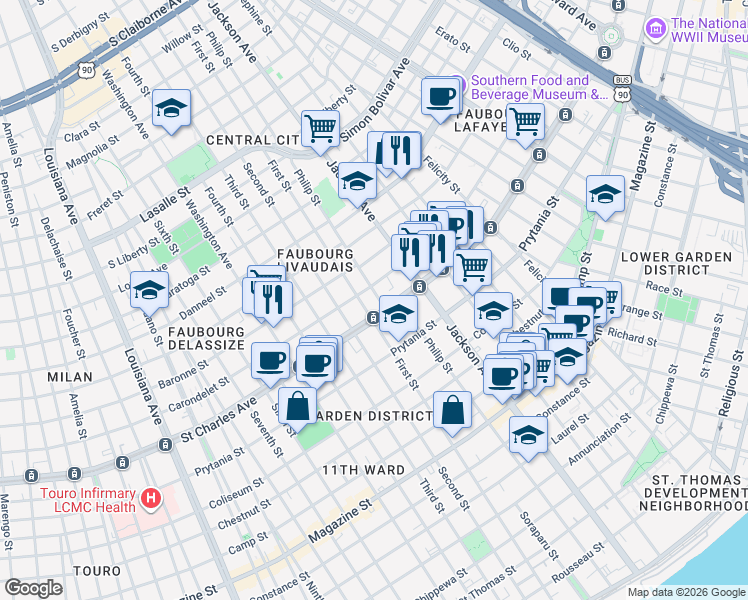 map of restaurants, bars, coffee shops, grocery stores, and more near 2264 Carondelet Street in New Orleans