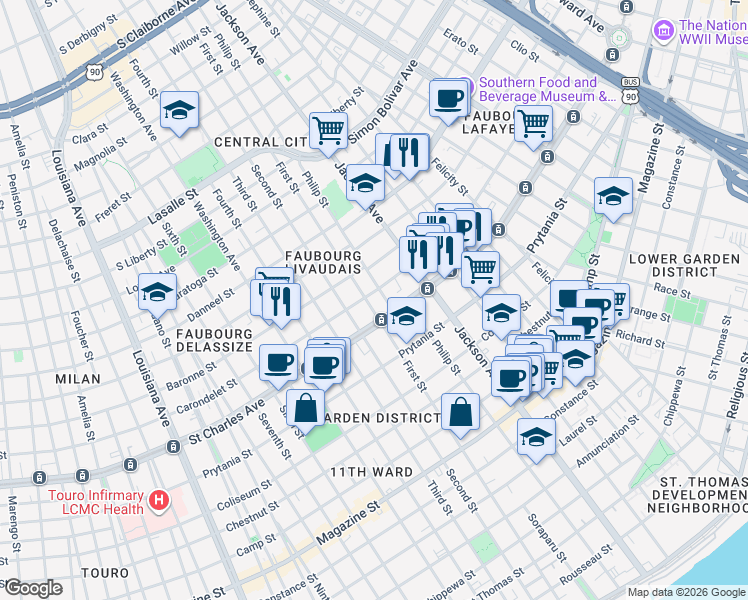 map of restaurants, bars, coffee shops, grocery stores, and more near 2264 Carondelet Street in New Orleans