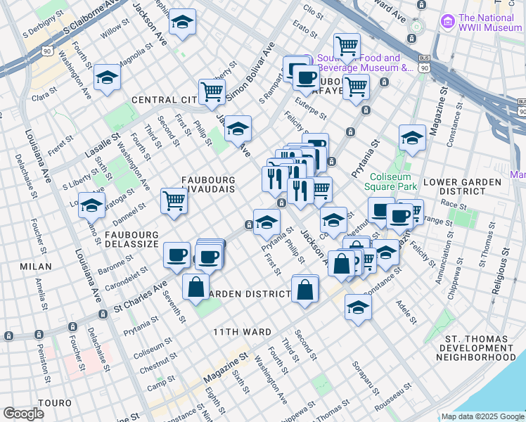 map of restaurants, bars, coffee shops, grocery stores, and more near 2255 Saint Charles Avenue in New Orleans