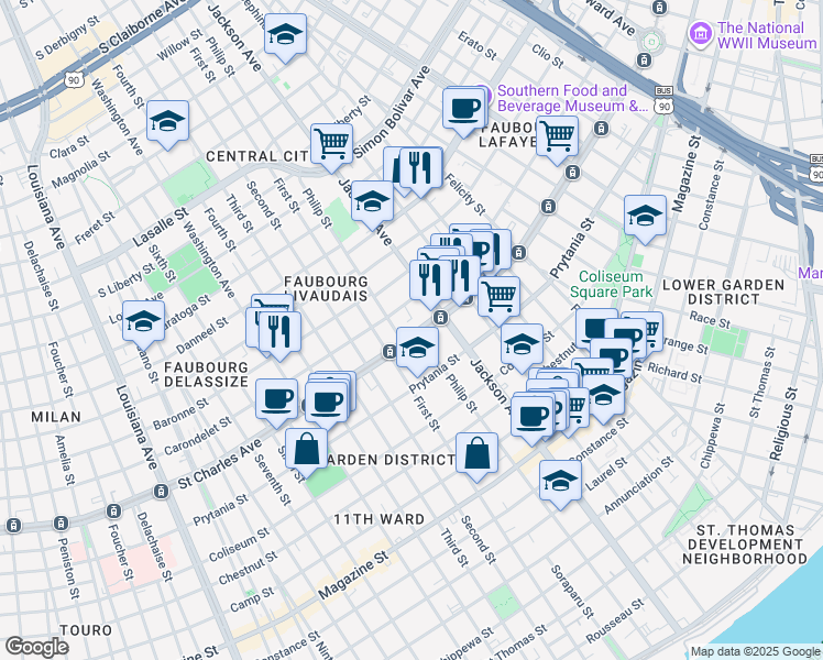 map of restaurants, bars, coffee shops, grocery stores, and more near 2264 Carondelet Street in New Orleans
