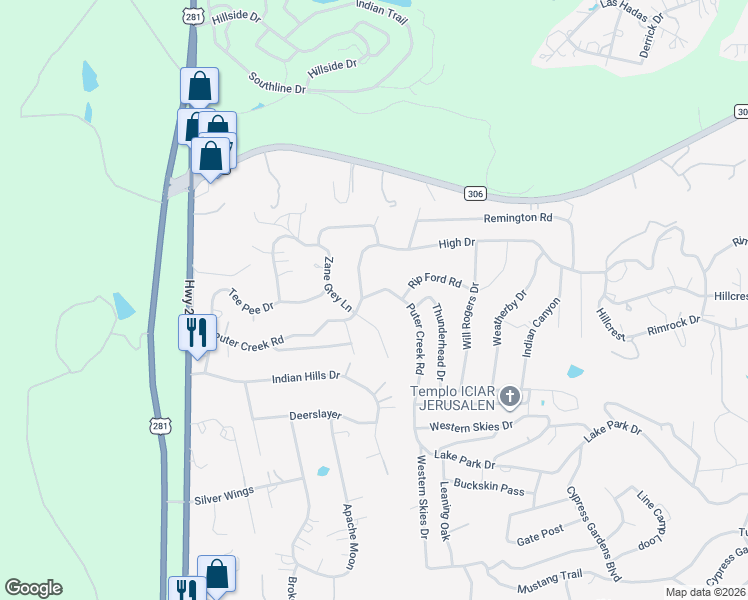map of restaurants, bars, coffee shops, grocery stores, and more near 2926 Puter Creek Road in Spring Branch