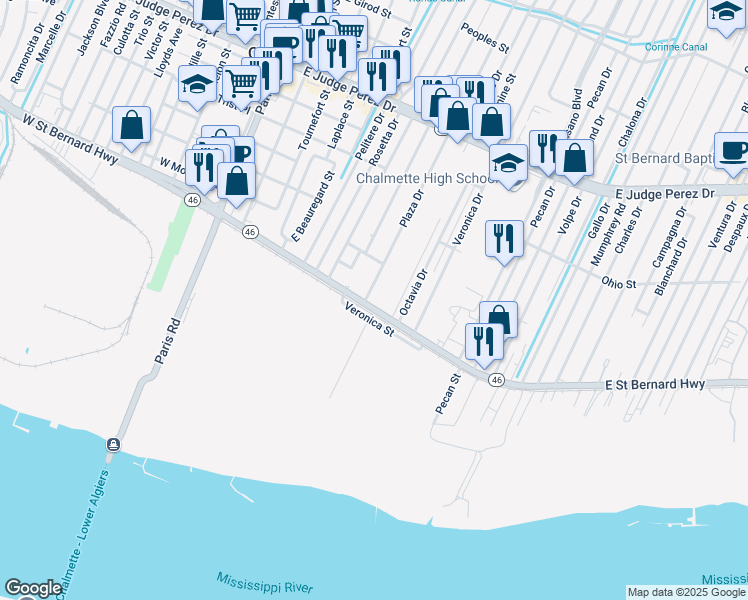 map of restaurants, bars, coffee shops, grocery stores, and more near 2101 Plaza Drive in Chalmette