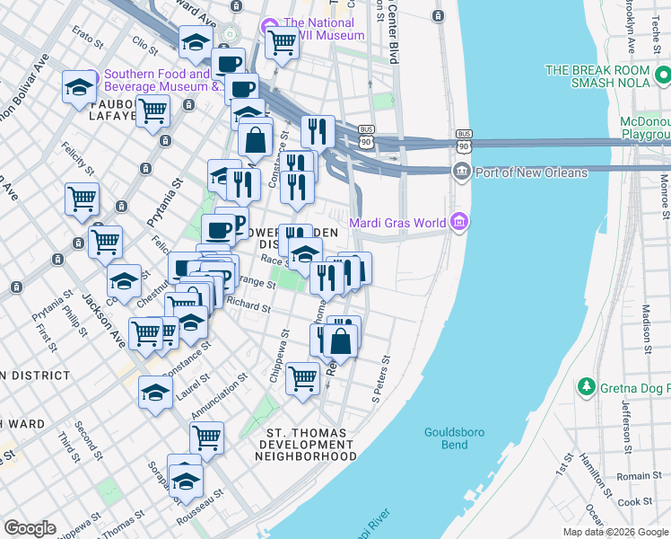 map of restaurants, bars, coffee shops, grocery stores, and more near 605 Race Street in New Orleans