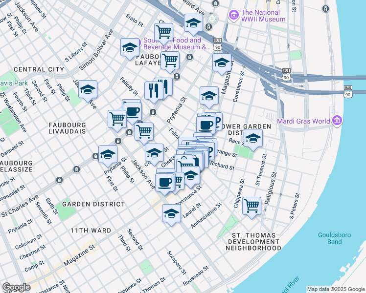 map of restaurants, bars, coffee shops, grocery stores, and more near 1309 Felicity Street in New Orleans