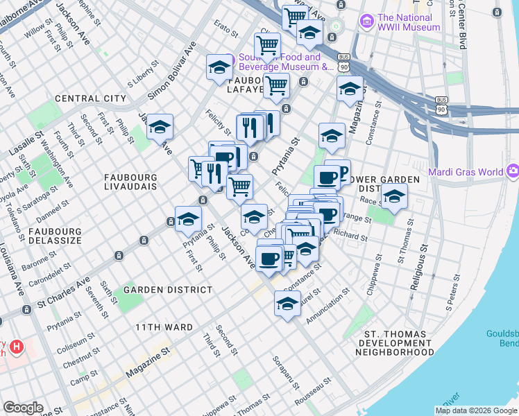 map of restaurants, bars, coffee shops, grocery stores, and more near in New Orleans