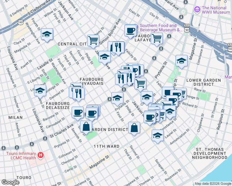 map of restaurants, bars, coffee shops, grocery stores, and more near 2264 Carondelet Street in New Orleans