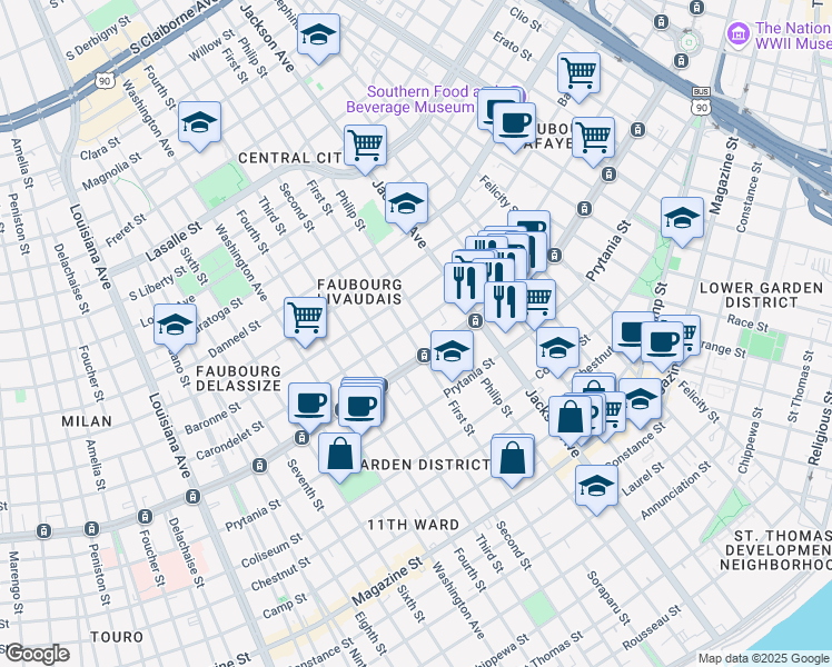 map of restaurants, bars, coffee shops, grocery stores, and more near 2264 Carondelet Street in New Orleans