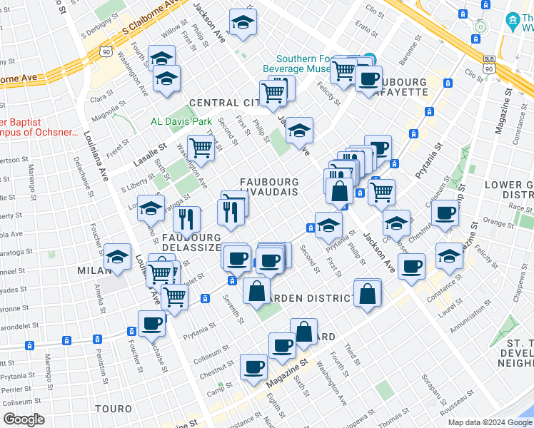 map of restaurants, bars, coffee shops, grocery stores, and more near 2523 Baronne Street in New Orleans