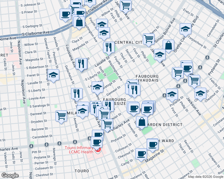 map of restaurants, bars, coffee shops, grocery stores, and more near 2025 Sixth Street in New Orleans
