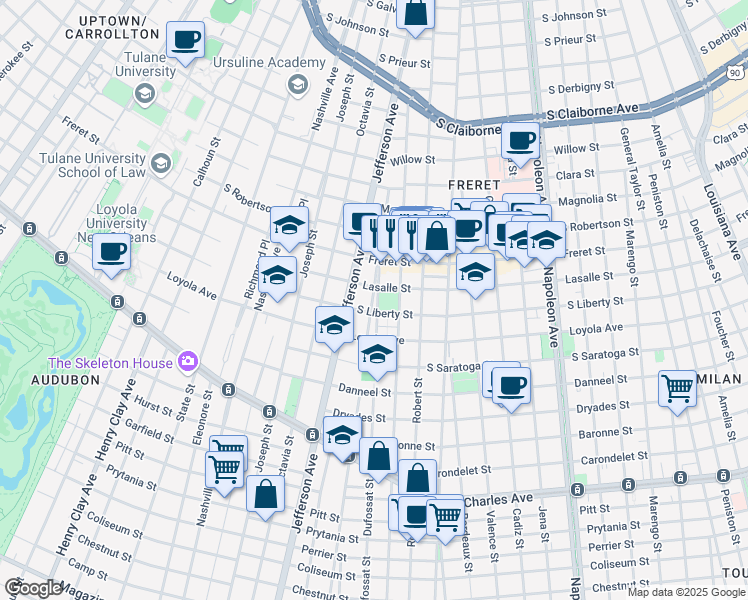 map of restaurants, bars, coffee shops, grocery stores, and more near 5316 Lasalle Street in New Orleans