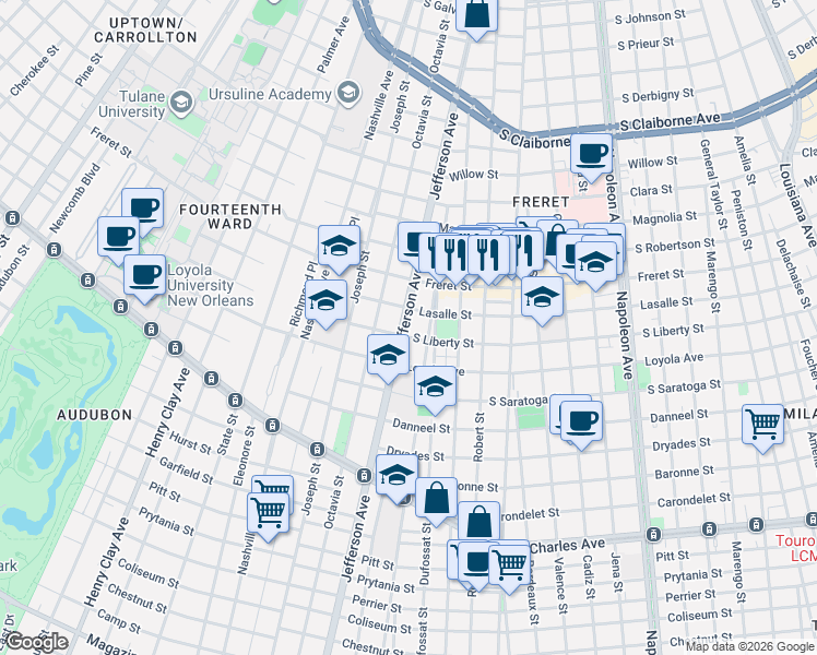 map of restaurants, bars, coffee shops, grocery stores, and more near 5316 Lasalle Street in New Orleans