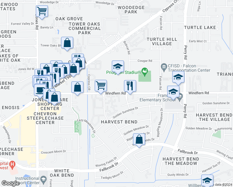map of restaurants, bars, coffee shops, grocery stores, and more near 12630 Windfern Road in Houston