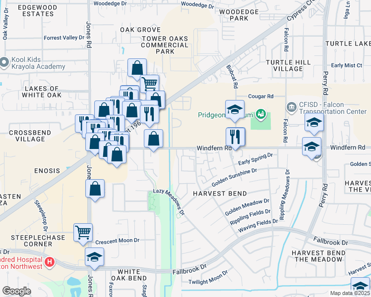 map of restaurants, bars, coffee shops, grocery stores, and more near 13005 Windfern Road in Houston