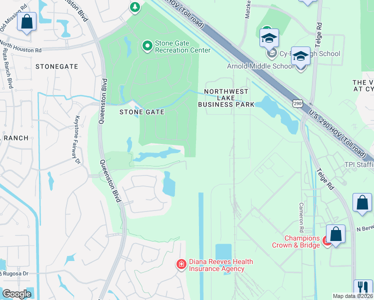 map of restaurants, bars, coffee shops, grocery stores, and more near 16215 Zinnia Drive in Houston