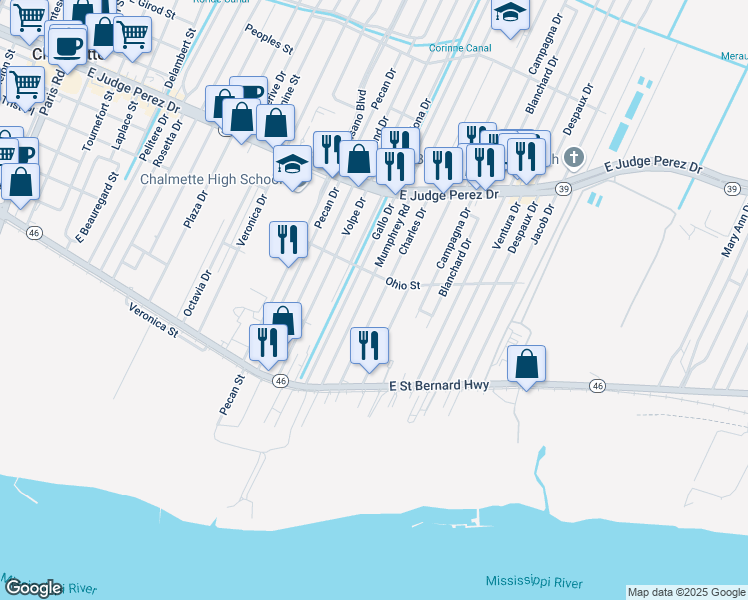 map of restaurants, bars, coffee shops, grocery stores, and more near 2325 Mumphrey Road in Chalmette