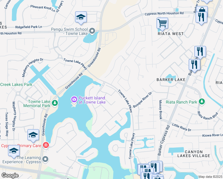 map of restaurants, bars, coffee shops, grocery stores, and more near 10731 Mason Dale Drive in Cypress