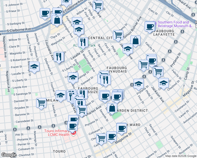map of restaurants, bars, coffee shops, grocery stores, and more near 1930 Washington Avenue in New Orleans