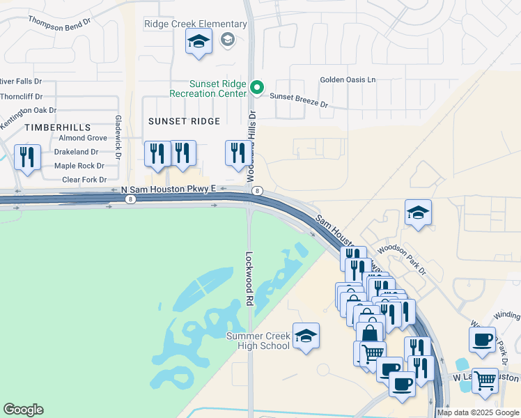 map of restaurants, bars, coffee shops, grocery stores, and more near 10380 North Sam Houston Parkway East in Humble