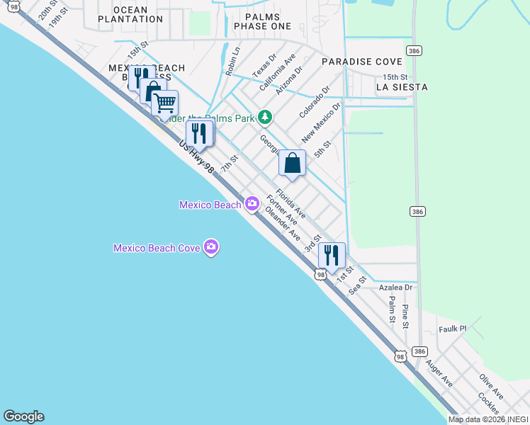 map of restaurants, bars, coffee shops, grocery stores, and more near 446 US Highway 98 in Mexico Beach