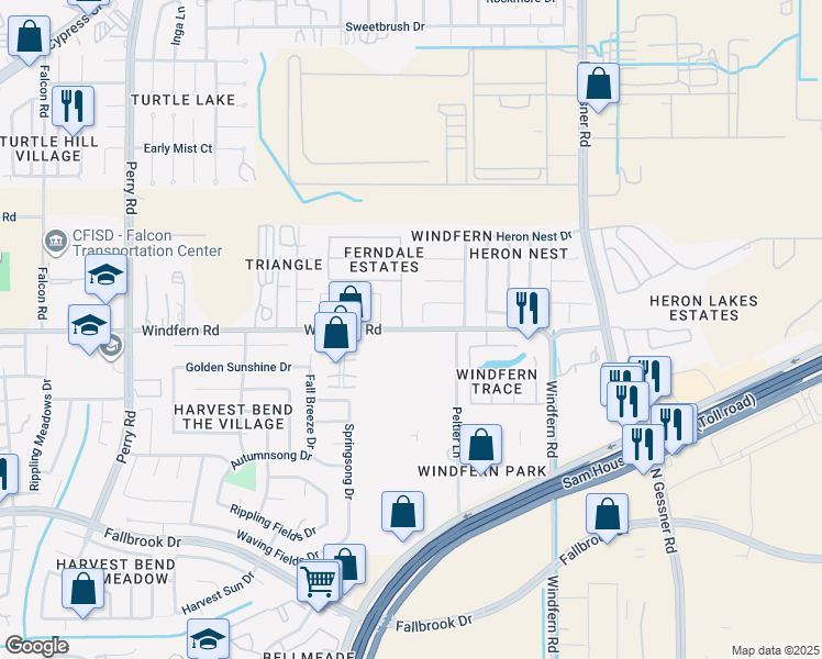 map of restaurants, bars, coffee shops, grocery stores, and more near 11717 Windfern Road in Houston