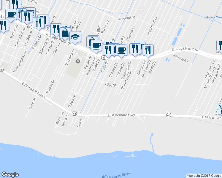 map of restaurants, bars, coffee shops, grocery stores, and more near 2225 Corinne Drive in Chalmette