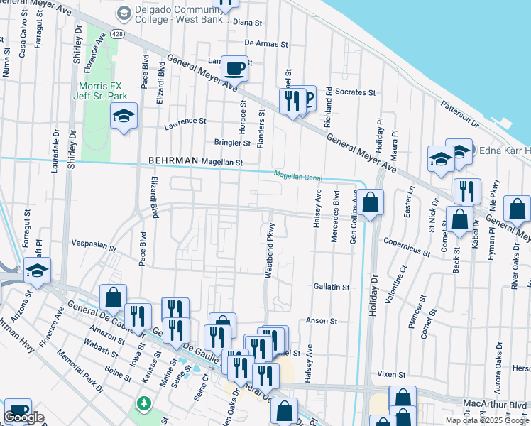 map of restaurants, bars, coffee shops, grocery stores, and more near 3470 Wall Boulevard in New Orleans