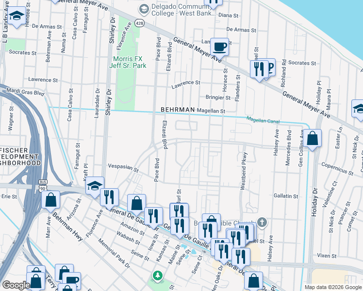 map of restaurants, bars, coffee shops, grocery stores, and more near 3001 Wall Boulevard in New Orleans
