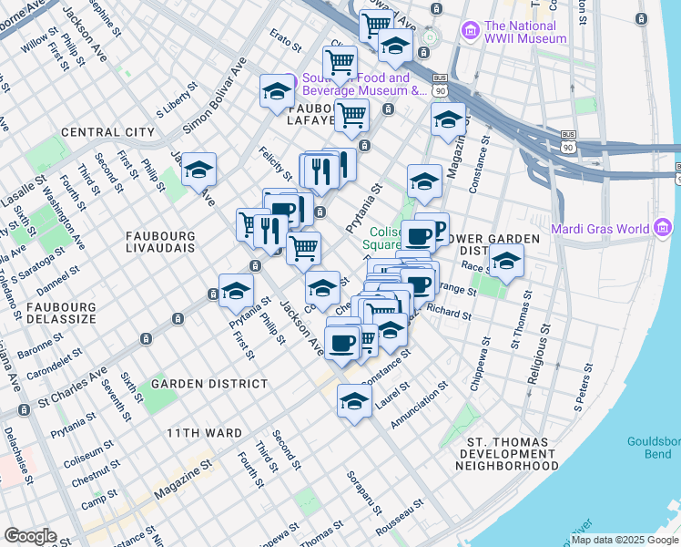 map of restaurants, bars, coffee shops, grocery stores, and more near 1401 Saint Andrew Street in New Orleans