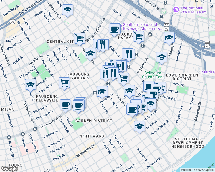 map of restaurants, bars, coffee shops, grocery stores, and more near 2211 Saint Charles Avenue in New Orleans
